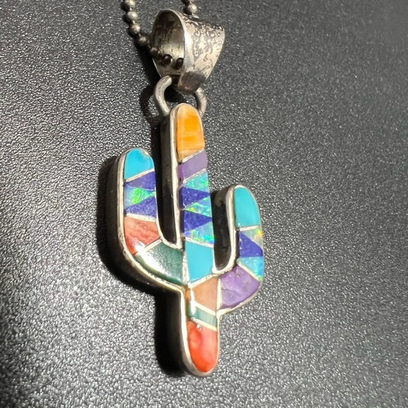 Vtg Earl Plummer Signed Sterling Silver Inlay Cactus Pendant Necklace Ball Chain - Picture 5 of 8